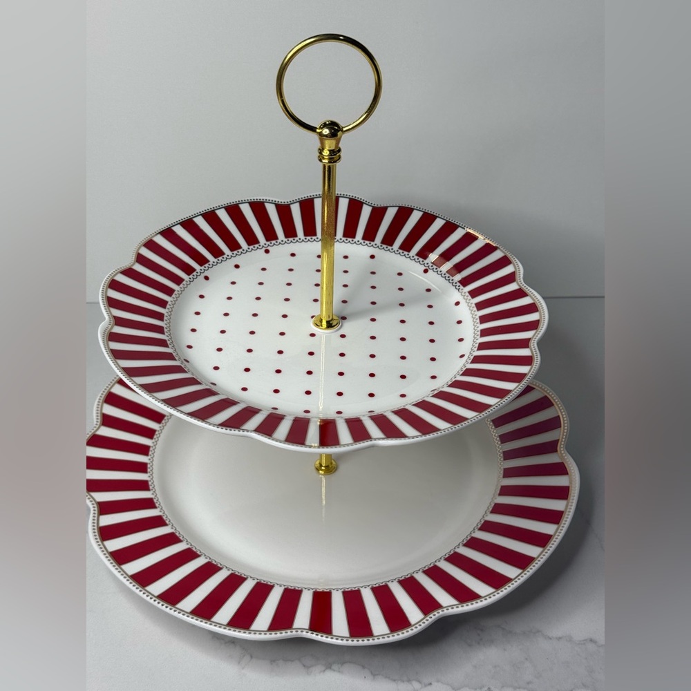 Grace Teaware Josephine Red Stripe 2 Tier Tidbit Serving Tray New